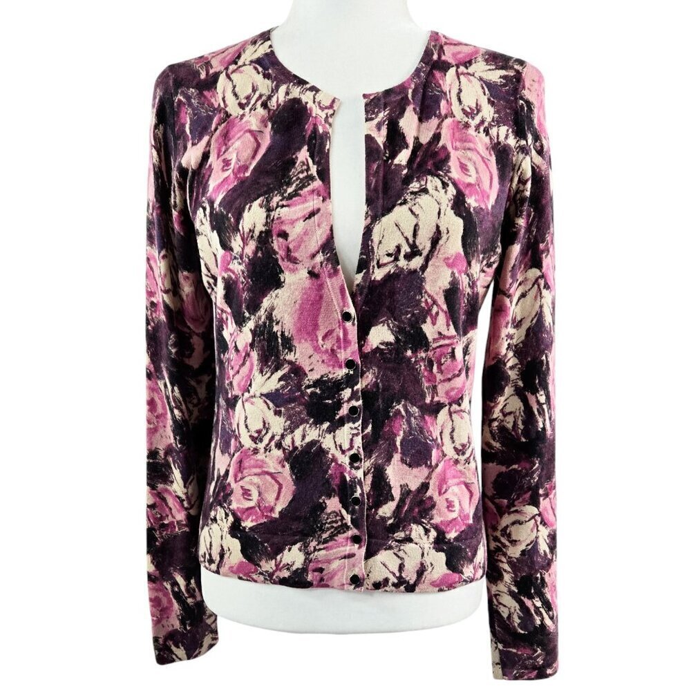 Ann Taylor Silk Cashmere Purple Pink Tan Floral Split Neck Cardigan Romantic